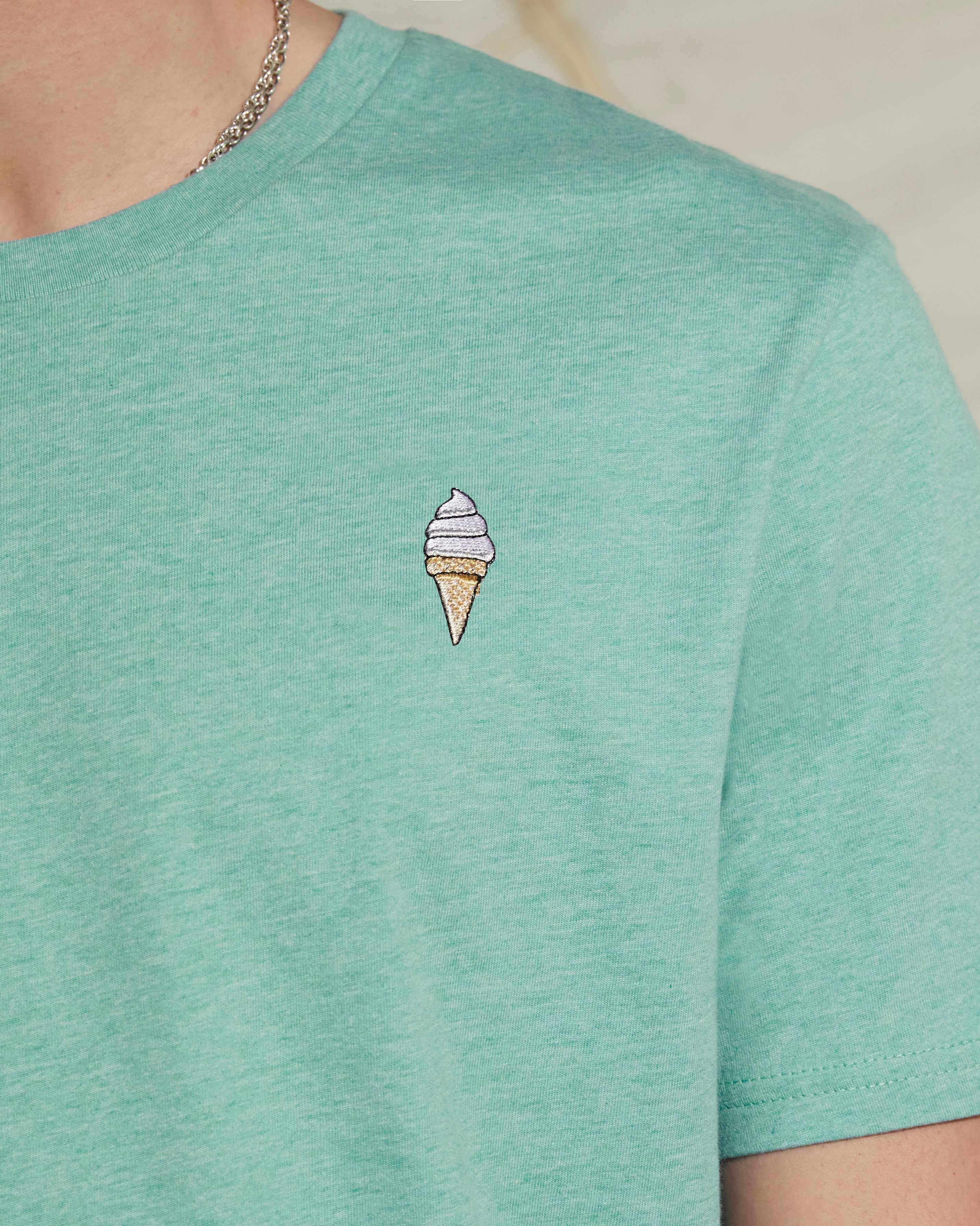 Ice cream embroidery on a green t-shirt 