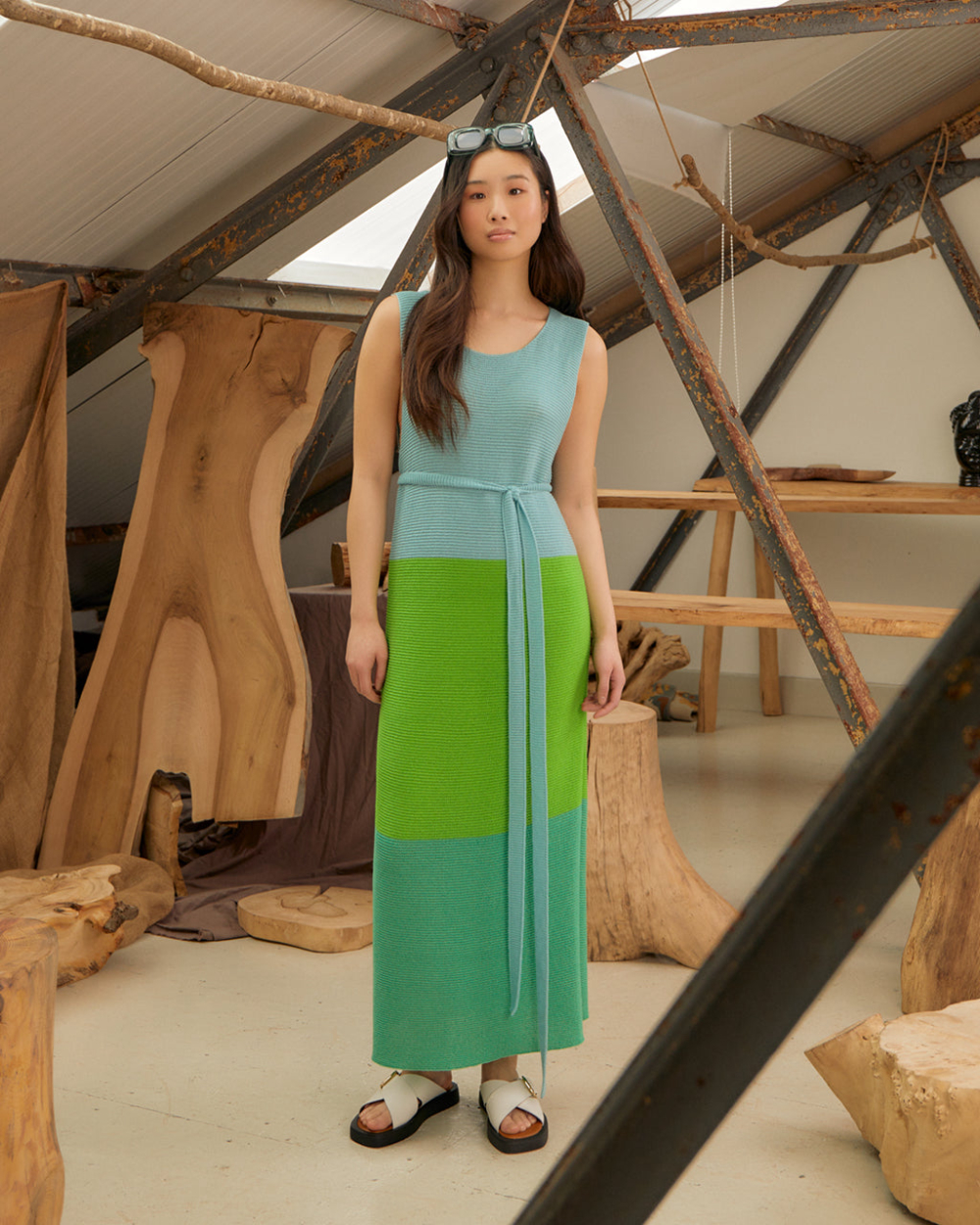 Colour Block Belted Slit Dress Green & Blue | INGMARSON